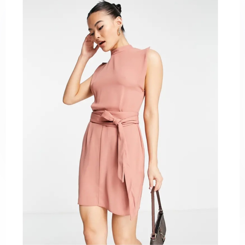ASOS DESIGN split sleeve mini dress with obi belt in terracotta
